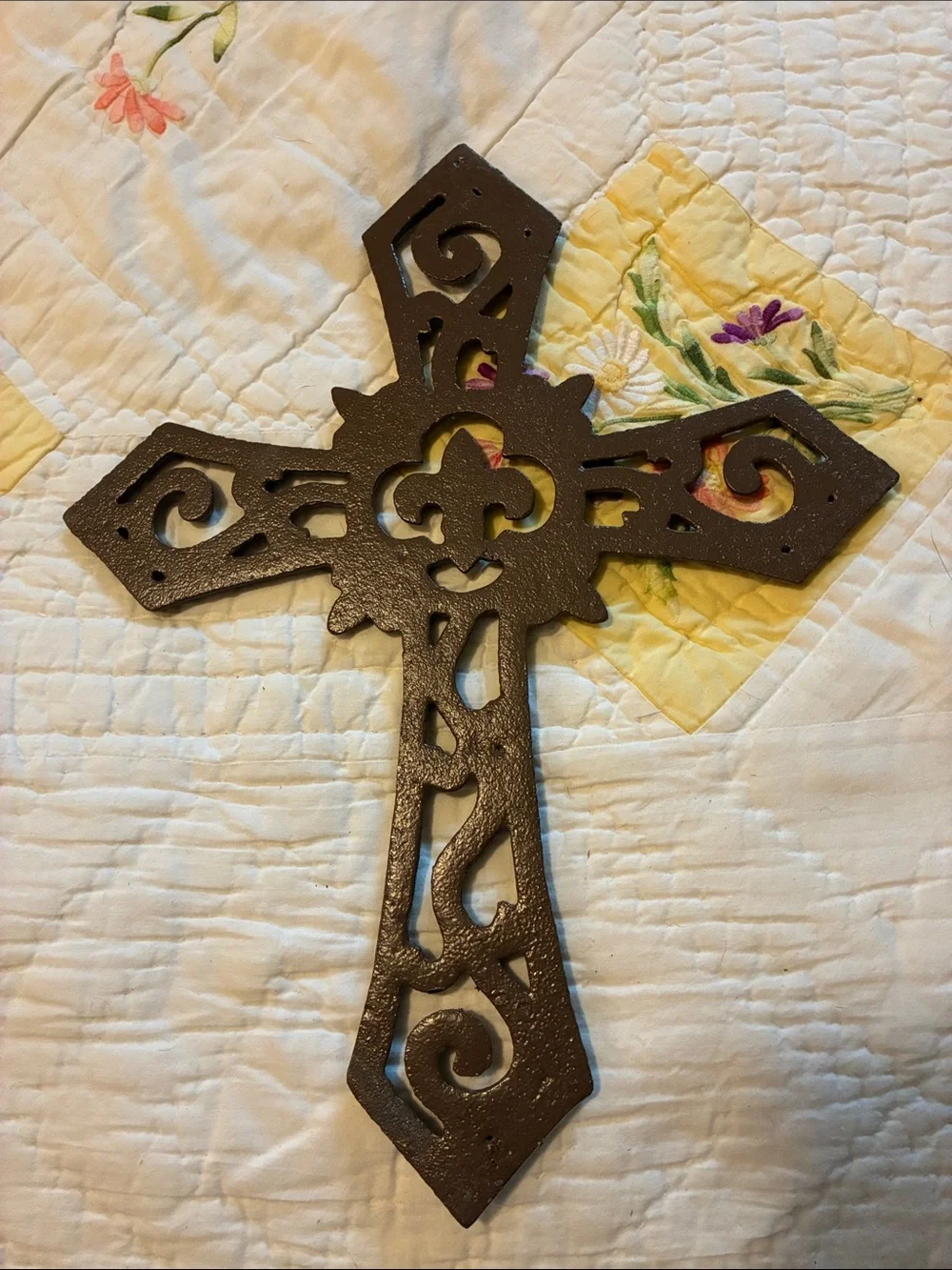 Ornate Cast Iron Fleur-de-Lis Cross Wall Decor - Brown & Black